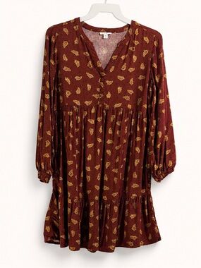 beachlunchlounge Burgundy Paisley Long-Sleeve Babydoll Dress